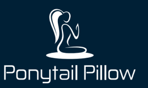 Ponytail Pillow white logo over dark blue background